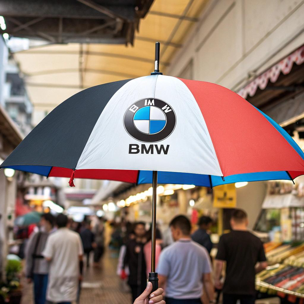 promotional umbrellas in crowded market