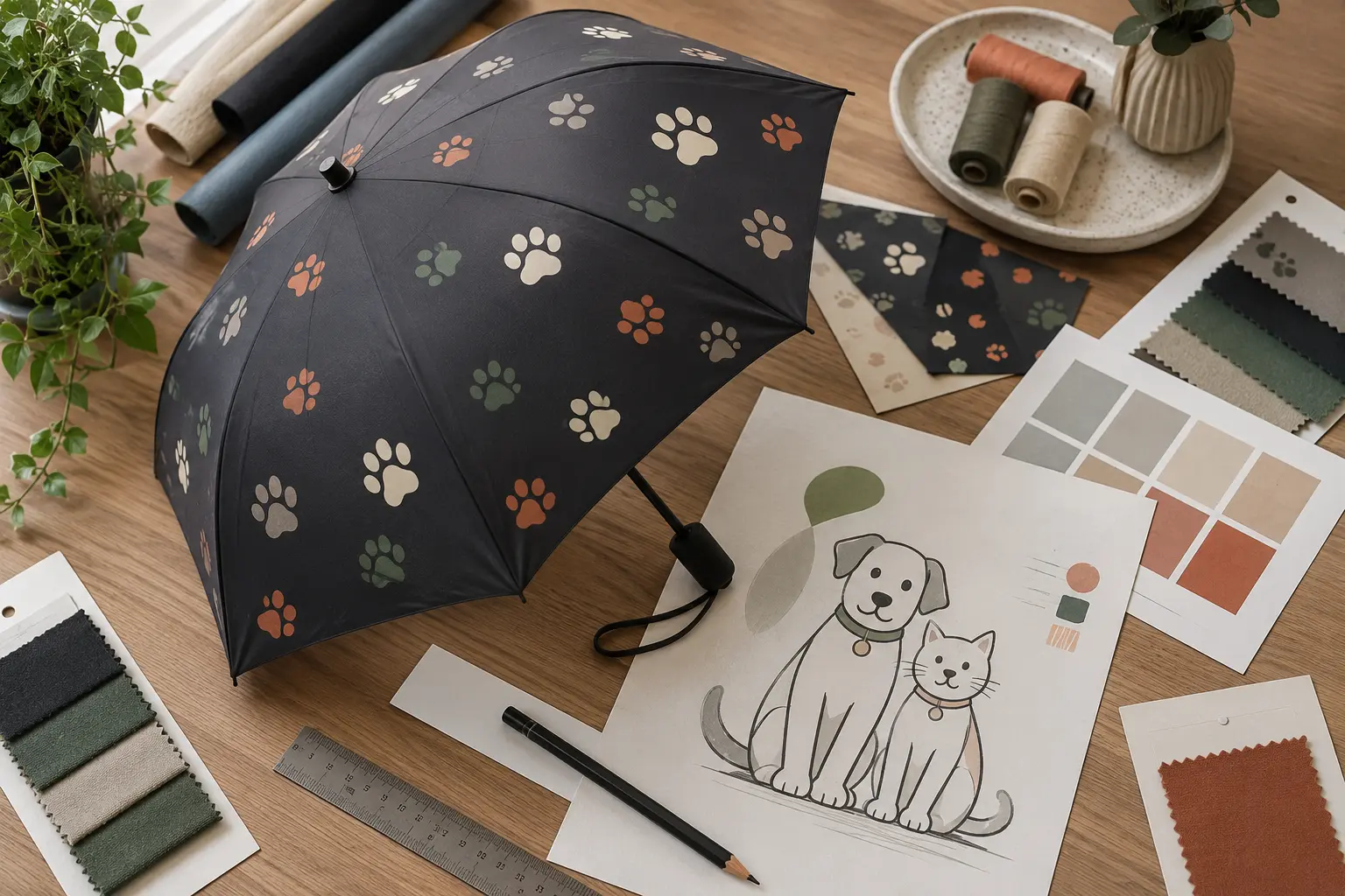 Custom pet shop umbrella design process with artwork, colour and fabric samples