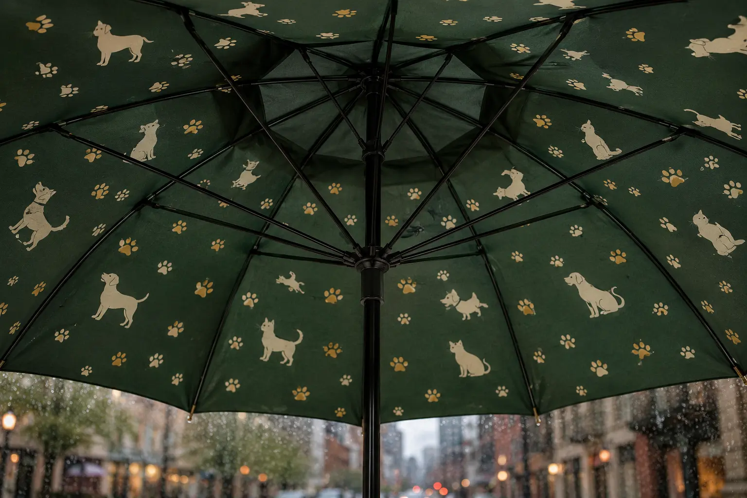 Inside a custom double-canopy umbrella with dog, cat and paw-print pattern